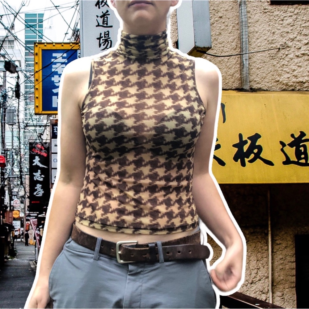 True Vintage y2k Brown & Tan Sheer Houndstooth Spice Girls Turtleneck Tank, S